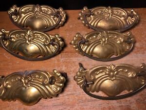 Vintage Lot Of 6 Pressed Brass Ornate Victorian Drawer Pulls