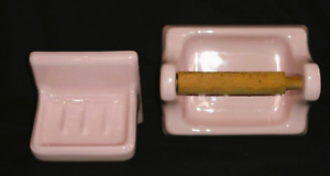 2 Vintage Porcelain Bathroom Fixtures Toilet Paper Soap Holder Pink