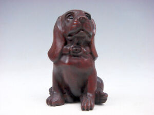 Boxwood Hand Carved Japanese Netsuke Sculpture Lovely Seated Puppy Dog 08192314