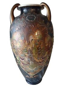 Antique Japanese Satsuma Vase Figural Floral Motif 3 Handle Japan Unsigned 18 5 