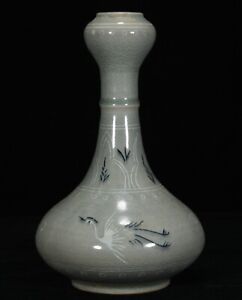9 6 Chinese Marked Korean Goryeo Porcelain Red Crowned Crane Flat Belly Bottle