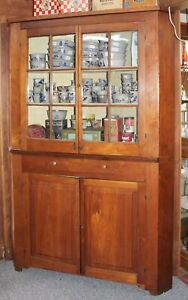 Early Antique C1840s Large Cherry Wood Corner Cabinet Cupboard Glass Doors