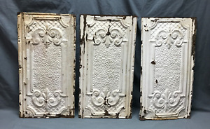 3 Antique Shabby White 13x24 Tin Ceiling Panels Chic Vtg Crafts Old 232 24b
