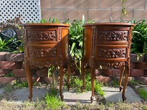 Pair Of 1940 Walnut French Provincial Carved Marble Table