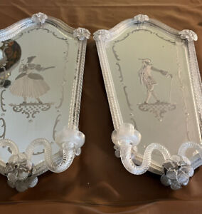 Pair Of Antique Italian Murano Venetian Glass Wall Mirror Etched