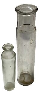 2 Antique Glass Apothecary Medicine Pharmacist Bottles Slim Thick Flared Lip