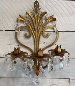 Vtg Italian Ornate Gold Metal Wall Sconce Candle Light W Crystals Needs Wiring