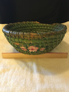 Old Primitive Hand Made Rye Straw Grass Painted Basket