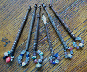 6 Turned Wooden Lace Bobbins With Glass Ceramic Beads 1840 1850 Antique
