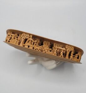 Intricately Hand Carved Figural Scene Inside Wooden Clam Shell Unique