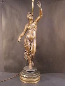 Antique Art Nouveau Bronze Aurora Girl Woman Figure Statue Girl Lady Lamp