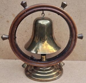 Vintage Old Antique Brass Bell Ringing Ships Wheel 9 5 X 9 5 Bong