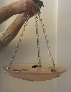 French Art Deco Suspension Chandelier Signed By Degue Pink Glass 1930 S