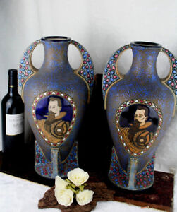 Pair Czech Rare Antique Amphora Pottery Vases Knight Portraits Art Deco Period