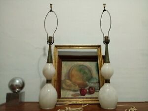 Vintage Pair Heavy Mid Century Modern Alabaster Lamps Retro Lighting