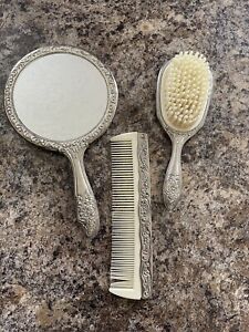 Vintage Vanity Mirror Brush Comb Grooming Set Sterling Silver Plated 3 Piece Set