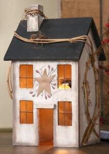 Primitive Wood Whitewash Electric Lighted Saltbox House