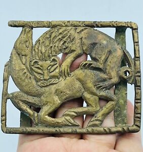 Ancient Luristan Bronze Plaque Depicting Scene Lion Devouring Prey