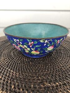 Antique Chinese Cloisonne Bowl Blue Enamel W Floral Decoration And Butterflies