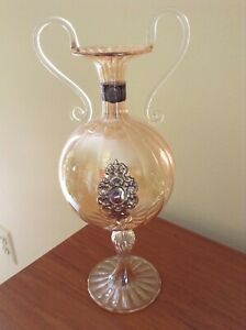 Sterling Silver Overlay Art Glass Vase Amphora Bicchielli Italy Gold Color