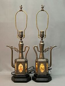Vtg Pair Chinese Pewter Teapot Urns With Painted Glass Panels Mounted As Lamps