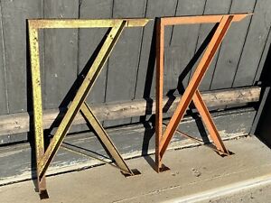 Pair Vintage Industrial Iron Legs Stands 32 H Work Station Table Workbench
