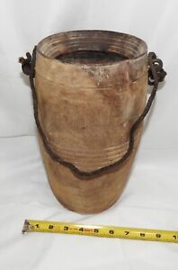 Indian Wood Vessel Bucket Roap Handle Brass Hardware Vintage Primitive