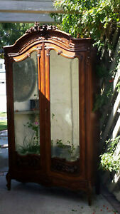 French Louis Xv Rococo Mirrored Armoire Hand Carved Walnut W Inlays