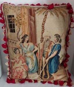 Victorian Biblical Handmade Petitpoint Pillow Cushion Mid 19th Cen