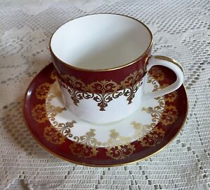 Vtg Aynsley England Cup And Saucer Bone China Deep Red Gold White Burgundy