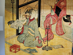 C 1930 Harunobu Ukiyo E Woodblock Print Japanese 10 25x7 75