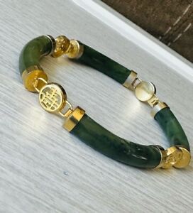 Jadeite Jade Bracelet Gold Green Vintage Chinese Heirloom Link Bangle