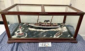 Exceptional Antique Steamship Ship Yacht Lighthouse Sailboat Cased Model Diorama
