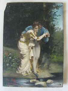 Antique Miniature Oil Painting Board After Anatole Vely The First Step 1838 1882