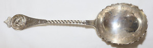 Newell Harding Medallion Sterling Coin Silver Berry Spoon Used Mono D Sm Dent