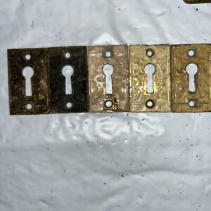 Set Of 5 Painted Or Tarnished Vintage Brass Skeleton Key Hole Escutcheon Salvage