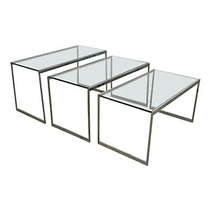 Set Of 3 Mid Century Modern Chrome Glass Top Nesting Tables Side Tables
