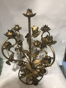 Stunning 1940 S Gold Tole Rose Candelabra Lamp Hollywood Regency Made In Italy