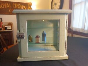 Primitive Blue Green Paint Apothecary Cabinet For Doctor Barber Glass Shelves