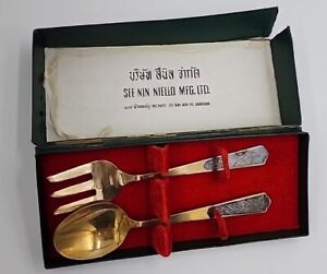 Vintage Russian Niello Large Serving Spoon And Fork Set W Original Box