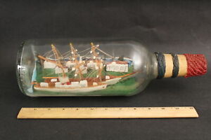 Antique American Folk Art Diorama Nautical Sailing Ship In Bottle Village Scene