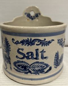 Antique Blue White Stoneware Primitive Salt Box Crock Onion Floral Stencil