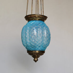 Antique 19th Art Nouveau Candle Lantern Ceiling Light Blue Opalescent Glass