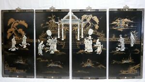 Antique Framed Asian Picture Black Laquer Wood Board W Mother Of Pearl Figures