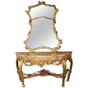 Large Gilded French Louis Xvi Style Faux Bois Console Table With Mirror