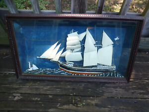 Antique Framed Dutch East India Menne 3 Mast Nautical Sail Ship Diorama Folk Art