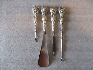 Antique Sterling Silver Grooming 4pc Set Hollow Handles Flower Design No Mono