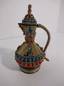 Scarab Embellished Egyptian Brass Kettle 7 Tall