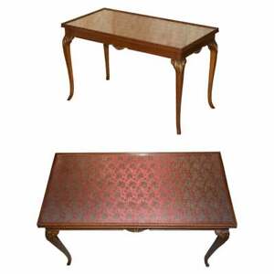 Lovely Vintage Writing Table Desk In Mahogany With Silk Embroidered Glass Top