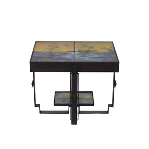 1970s Art Deco Side Table Vintage Iron Glass With Intricate Nature Scenes